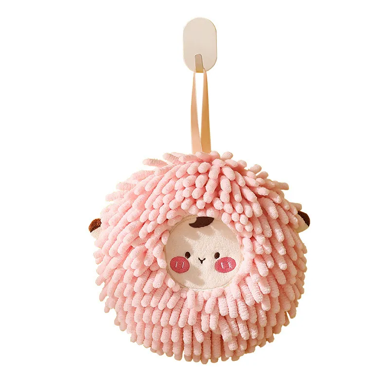 Cute Cartoon Sheep Chenille Hanging Hand Towel Ball – Thick Absorbent Quick-Dry Kitchen Towel, Soft Fluffy Bathroom Decor Washcloth with Loop, Fast-Drying Terry Cloth for Home Use